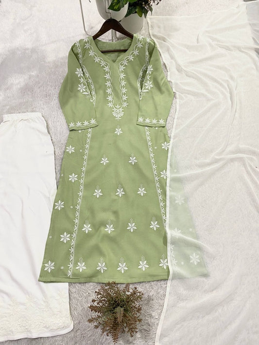 Enchanted Meadow Green Floral Threadwork Ensemble | Timeless Traditional Silhouette with Delicate Embroidery | Soft Pastel Traditional Apparel for Daytime Celebrations