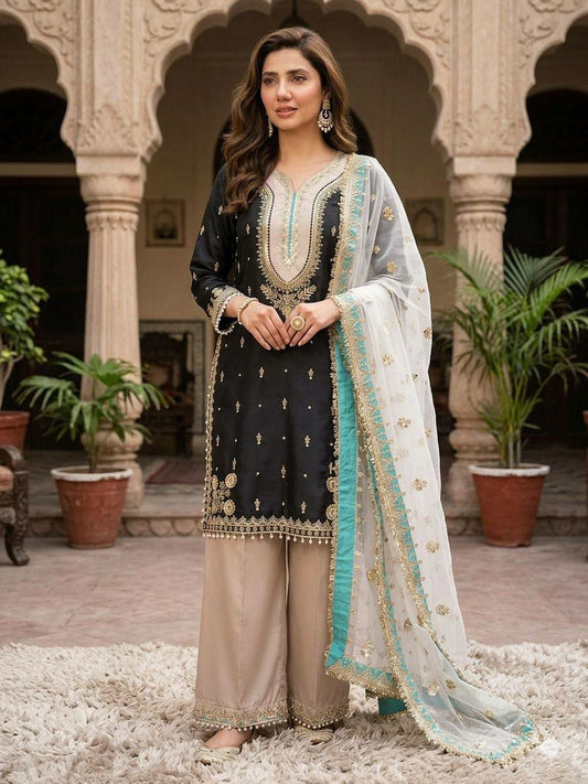 Luxury Black Silk Kurti with Contrast Beige Palazzo | Intricate Zari Work & Turquoise Accents | Elegant Party Wear Ethnic Suit | Floor Length Palazzo Set for Women