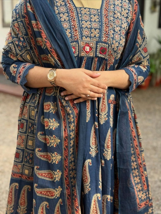 Indigo Blue Paisley Print Anarkali Suit Set | Cotton Ajrakh Style Kurta with Palazzo Pants | Traditional Indian Wedding Guest Outfit | 3-Piece Ethnic Summer Wear
