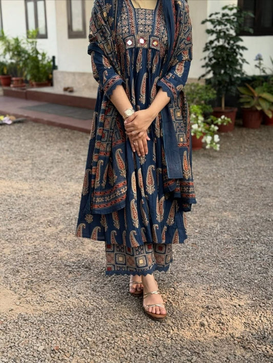 Indigo Blue Paisley Print Anarkali Suit Set | Cotton Ajrakh Style Kurta with Palazzo Pants | Traditional Indian Wedding Guest Outfit | 3-Piece Ethnic Summer Wear