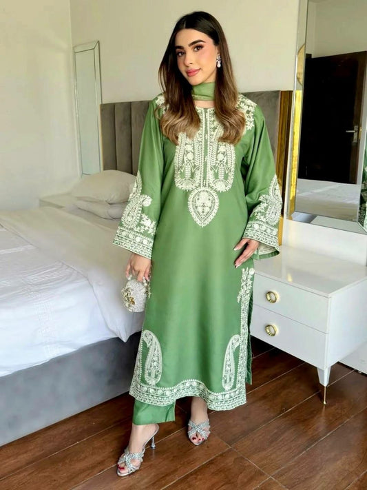 Olive Green Embroidered Salwar Kameez Set | Heavy Paisley Thread Work Silk Kurta with Straight Pants | Traditional Indian Wedding Guest Outfit | 3-Piece Pakistani Style Festive Ensemble