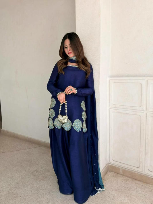 Designer Royal Navy Blue Salwar Kameez Set | Heavy Scalloped Floral Embroidery Silk Kurta with Wide Leg Palazzo | Traditional Indian Wedding Guest Outfit | 3-Piece Pakistani Style Festive Wear