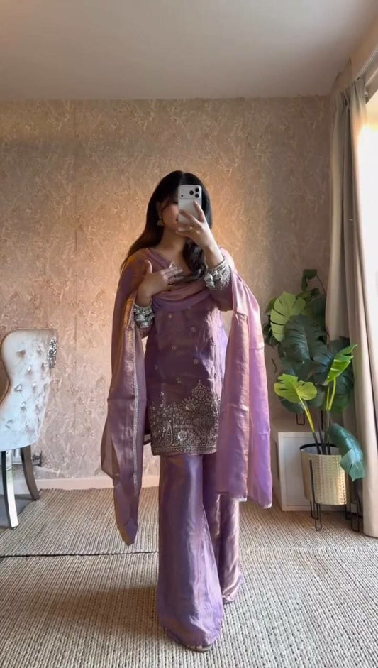 Luxury Metallic Mauve Embroidered Sharara Dress | Intricate Silver Floral Embroidery & Sequin Details | Silk Sharara Skirt Set | Elegant Party Wear Ethnic Suit for Women