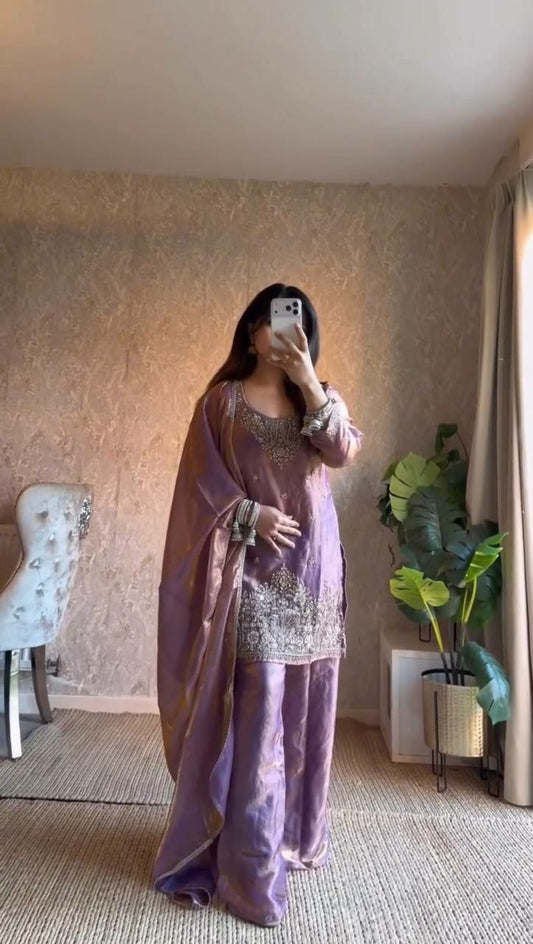 Luxury Metallic Mauve Embroidered Sharara Dress | Intricate Silver Floral Embroidery & Sequin Details | Silk Sharara Skirt Set | Elegant Party Wear Ethnic Suit for Women