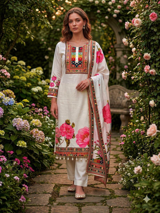 Designer Off-White Salwar Kameez Set | Vibrant Pink Floral Print Silk Kurta with Straight Pants | Traditional Indian Wedding Guest Outfit | 3-Piece Pakistani Style Festive Wear