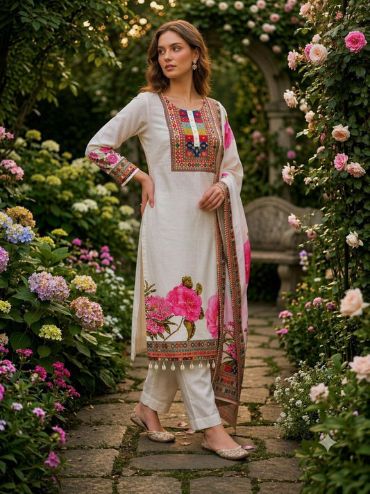 Designer Off-White Salwar Kameez Set | Vibrant Pink Floral Print Silk Kurta with Straight Pants | Traditional Indian Wedding Guest Outfit | 3-Piece Pakistani Style Festive Wear