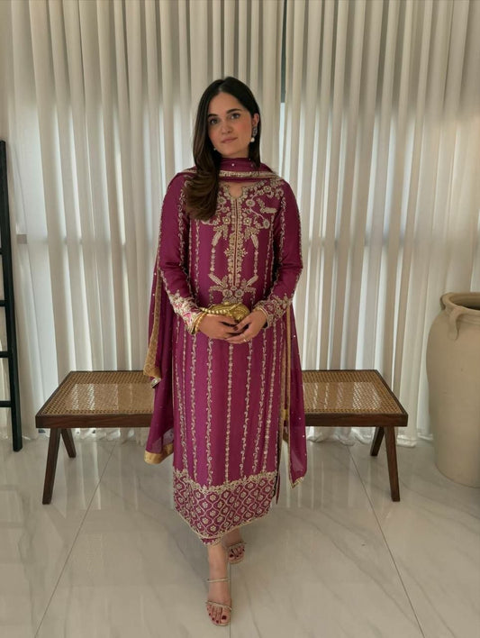 Chic Magenta Embroidered Silk Set | High-Fashion Traditional Wardrobe Essential | Sophisticated Suit with Intricate Golden Needlework