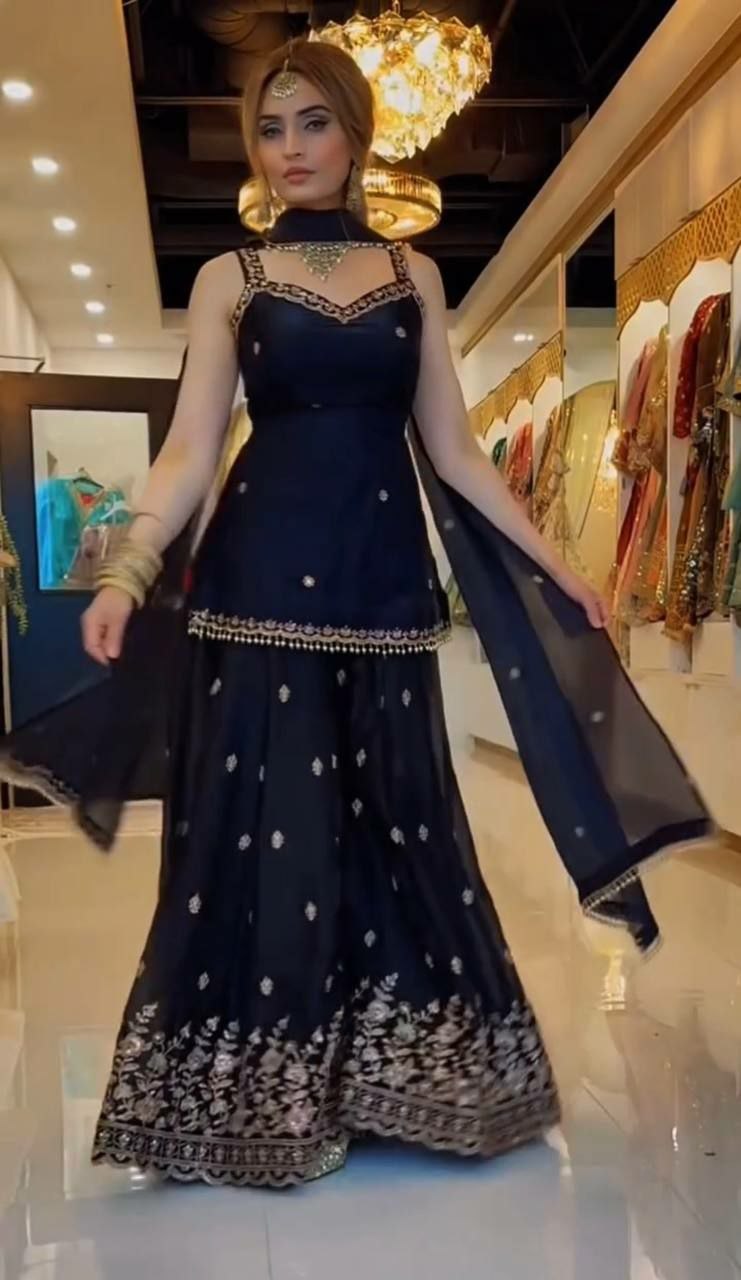Designer Navy Blue Sharara Suit Set