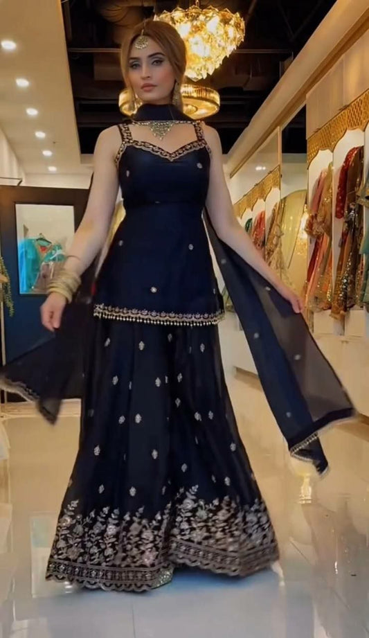 Designer Navy Blue Sharara Suit Set | Heavy Gold Floral Embroidered Silk Kurta with Sleeveless Bodice | Traditional Indian Wedding Guest Outfit | 3-Piece Pakistani Style Festive Wear