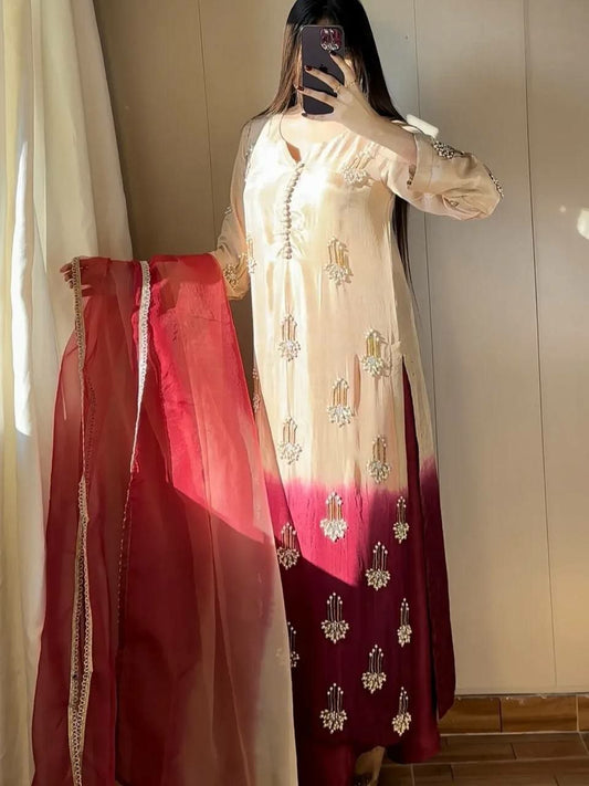 Royal Cream-to-Maroon Ombre Masterpiece | Premium Silk Salwar Suit Set | Exquisite Hand-Crafted Embroidery Detail for Special Occasions