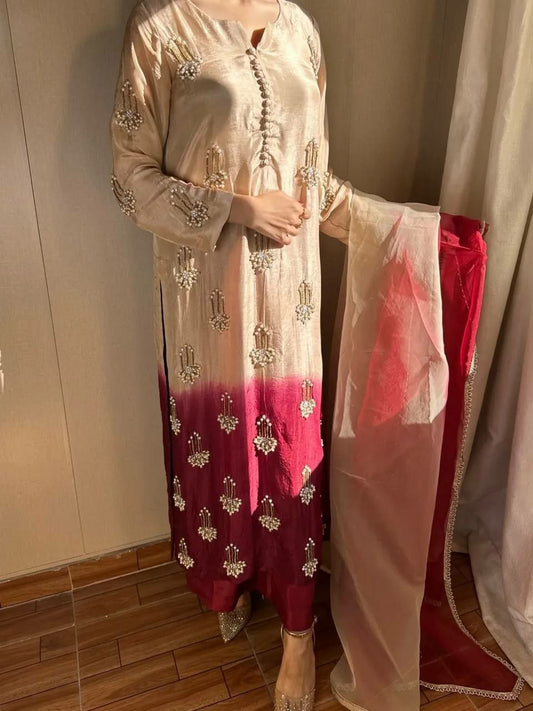 Royal Cream-to-Maroon Ombre Masterpiece | Premium Silk Salwar Suit Set | Exquisite Hand-Crafted Embroidery Detail for Special Occasions