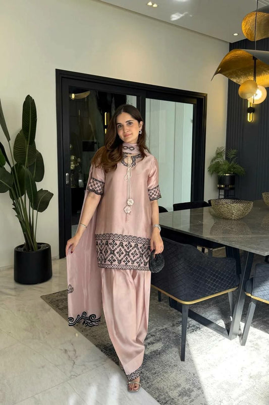Luxury Blush Pink Silk Kurti Set | Intricate Black Cross-Stitch Style Embroidery | Elegant Party Wear Ethnic Suit | Dhoti Style Pants for Women with Matching Dupatta