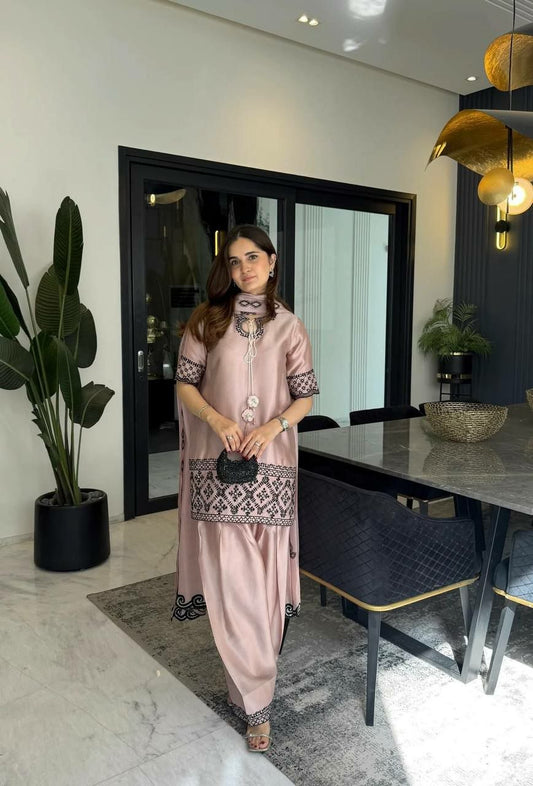 Luxury Blush Pink Silk Kurti Set | Intricate Black Cross-Stitch Style Embroidery | Elegant Party Wear Ethnic Suit | Dhoti Style Pants for Women with Matching Dupatta