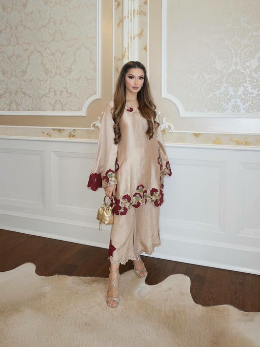 Royal Beige Silk Co-ord Set with Bold Maroon Floral Appliqué