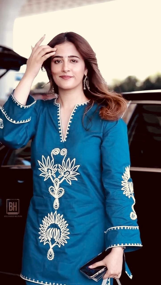 Royal Peacock Blue Silk Co-ord Set with Elegant White Thread Work