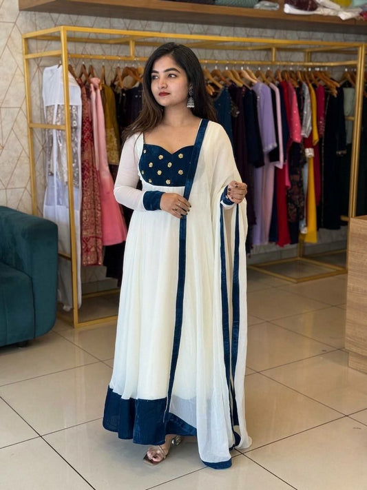 Classic White Ethnic Gown featuring Navy Blue Velvet Borders and Bodice