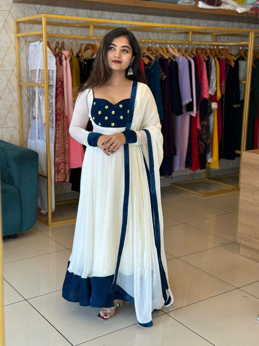 Classic White Ethnic Gown featuring Navy Blue Velvet Borders and Bodice