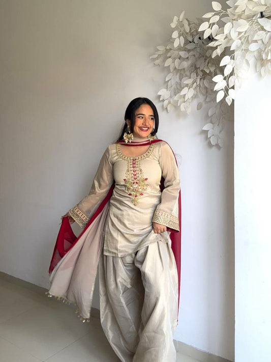 Beige Silk Punjabi Patiala Salwar Kameez - Heavy Embroidered Neck Design - Designer Indian Wedding Wear with Maroon Dupatta Set