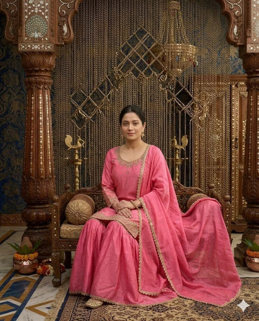 Elegant Pink Silk Sharara Suit with Intricate Neckline Embroidery - Traditional Ethnic Wear for Festivals and Weddings - Pakistani Style Party Wear