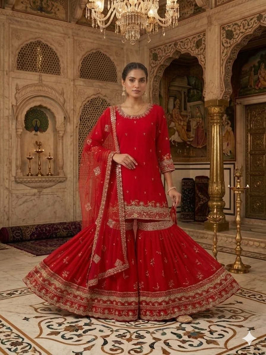 Designer Red Sharara Set - Heavily Embroidered Salwar Suit for Special Occasions - Traditional Indian Ethnic Apparel for Women.