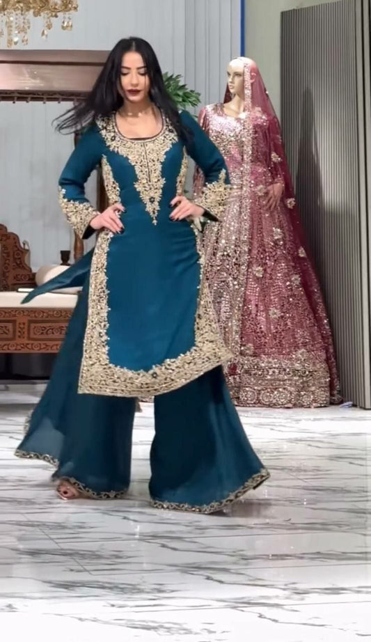 Teal Blue Georgette Sharara Suit Set - Heavy Gold Zari Embroidery - Designer Indian Wedding Wear - Festive Salwar Kameez with Fringed Dupatta