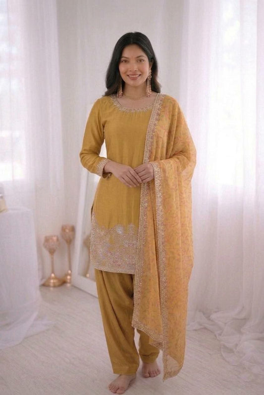 Elegant Mustard Silk Readymade Set with Scalloped Embroidery & Dupatta