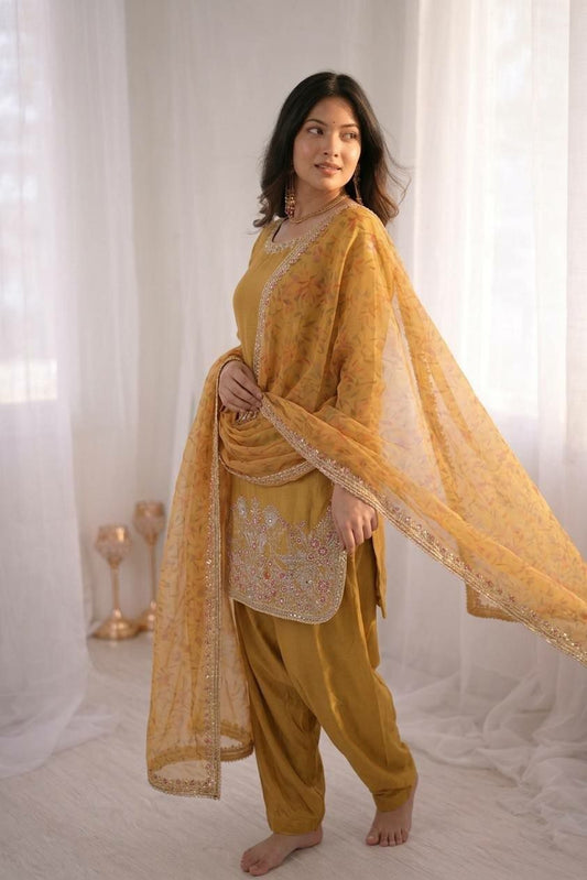 Elegant Mustard Silk Readymade Set with Scalloped Embroidery & Dupatta