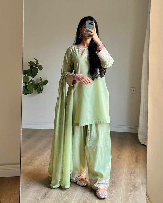 Royal Pista Green Silk Suit with Intricate Pink Floral Embroidery