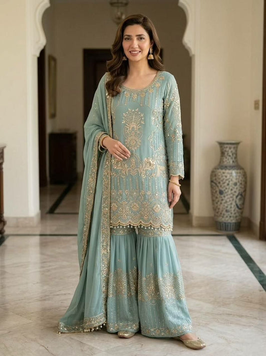 Premium Royal Blue-Green Ethnic Set with Ornate Embroidery and Matching Dupatta