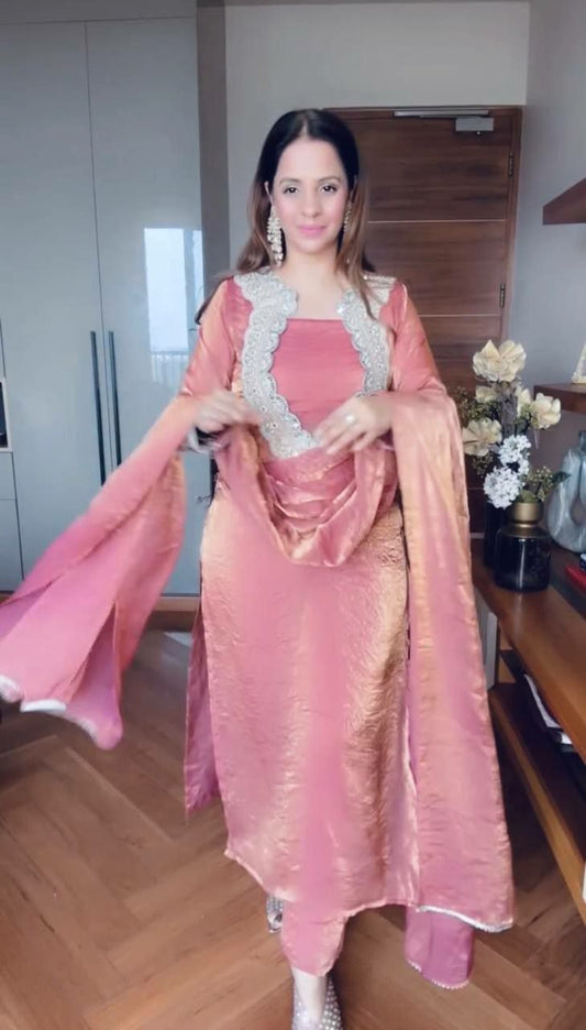 Royal Pink Silk Kurti Set with Intricate Lace Embroidery Neckline