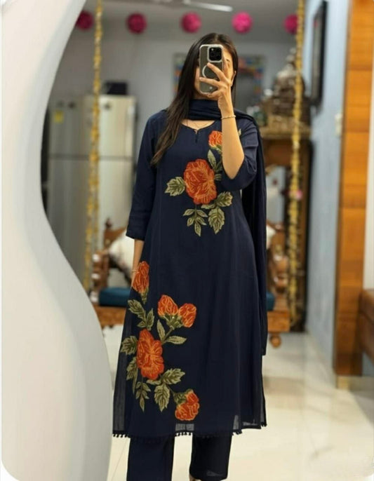 Royal Navy Blue Silk Kurti Set with Vibrant Orange Floral Embroidery