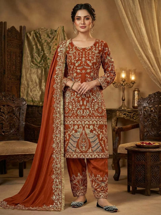 Royal Rust-Orange Silk Suit with Intricate Peacock Motif Embroidery