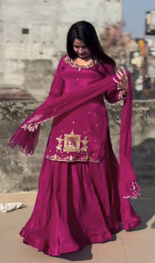 Royal Purple Silk Kurti Set with Embroidered Sharara & Scalloped Dupatta