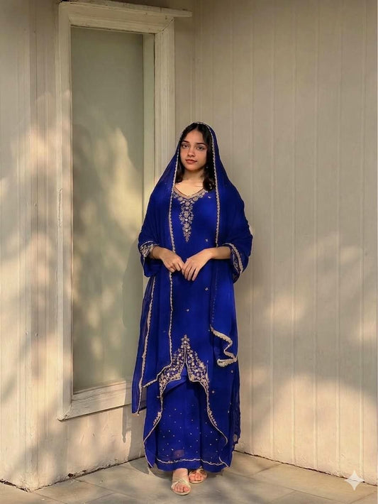 Classic Deep Blue Ethnic Ensemble: Heavily Detailed Kurti & Matching Dupatta