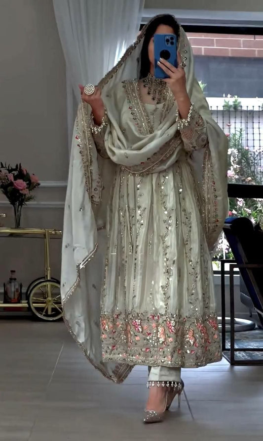 Royal Off-White Silk Anarkali Set with Intricate Floral Embroidery and Matching Dupatta