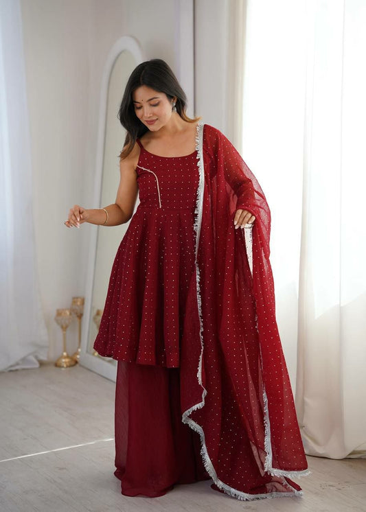 Royal Maroon Georgette Sharara Set with Silver Sequin Details and Fringed Dupatta