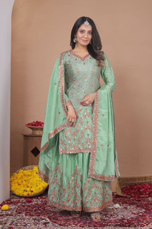 Classic Mint Ethnic Ensemble: Heavily Embroidered Kurti with Matching Dupatta
