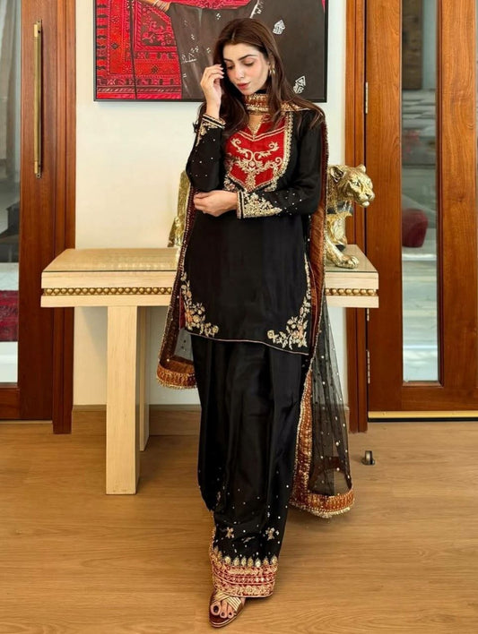 Royal Black Silk Salwar Suit with Contrast Red Embroidery and Golden Zari Work
