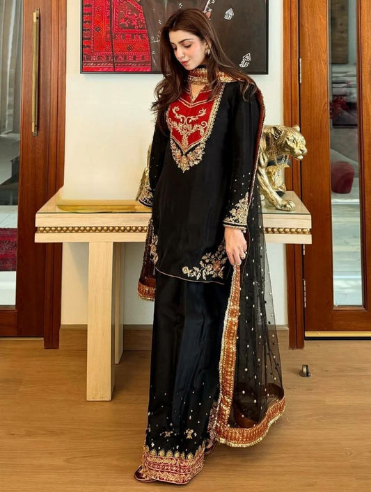 Royal Black Silk Salwar Suit with Contrast Red Embroidery and Golden Zari Work