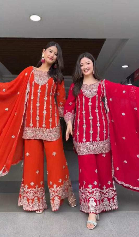 Pure Heavy Chinnon Silk With Heavy Embroidery Coding Sequence Work