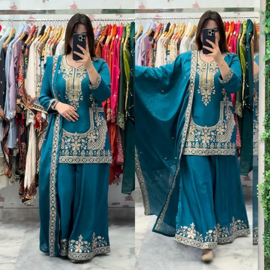 Pure Heavy Natural Crep Silk With Embroidery Work With Fancy Borders Less Work Sleeve With Fancy Latkan Dori.