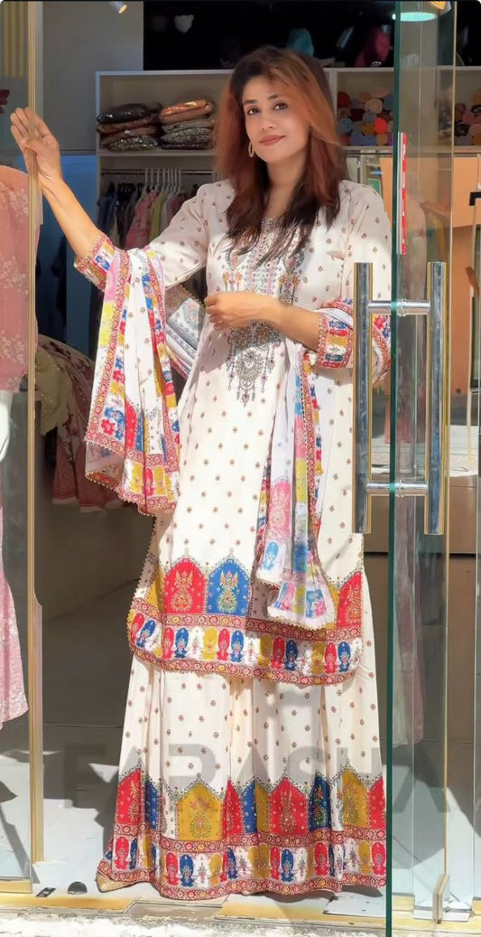 DESIGNER WEAR TRENDING TOP WITH PRINTED WORK AND REAL MIRROR WORK WITH PLAZZO AND DUPATTA SET