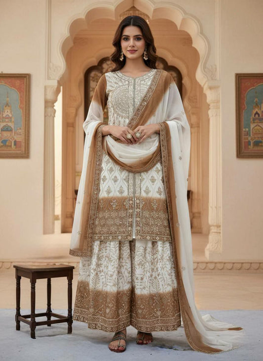 :Heavy Dual Tone Peding Star Georgette With Heavy Embroidery 5 mm Sequence Work With Sleeves