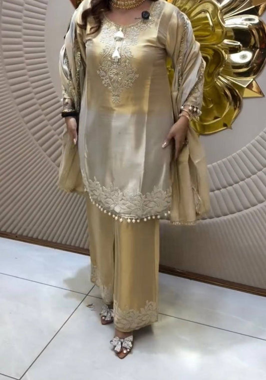 Pur Dual Ton Banarasi Sillk With Embroidery Sequence Work With Sleeves With Moti Latkan