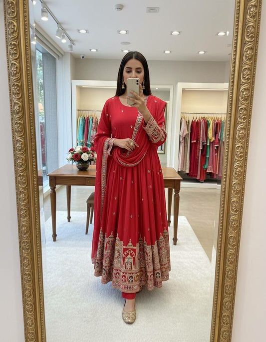 Pure Cinon Silk With Heavy Embroidery Coding Dori and 3-5mm Sequence Work With Full-Sleeve With (Attached Ped)