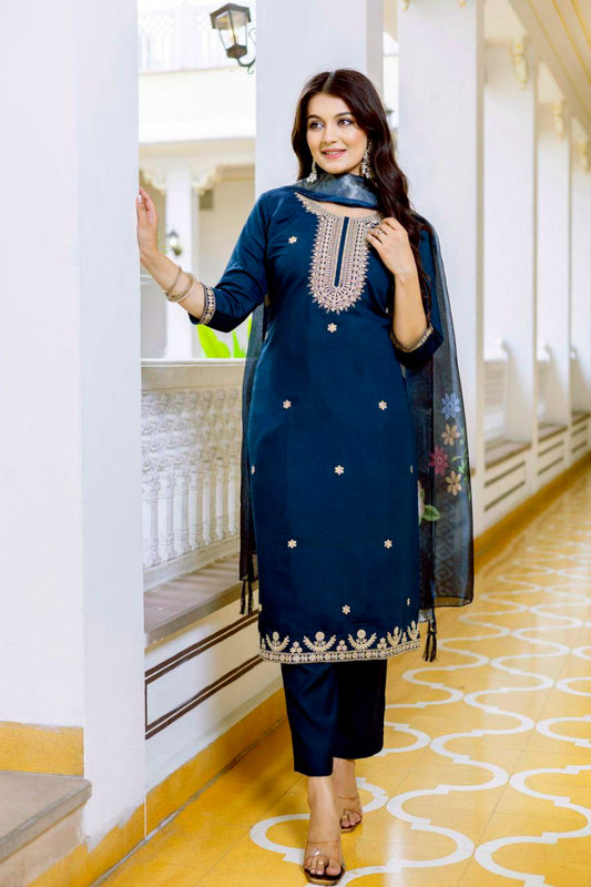 PURE VISCOSE CHANDERI WITH SEQUENCE COADING EMBROIDERY WORK ORGANZA JAQUERD DUPPATA