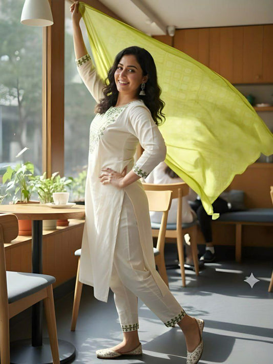 GRACEFUL WHITE KURTI WITH SEQUINS WORK & PINK AND GREEN DUPTTA