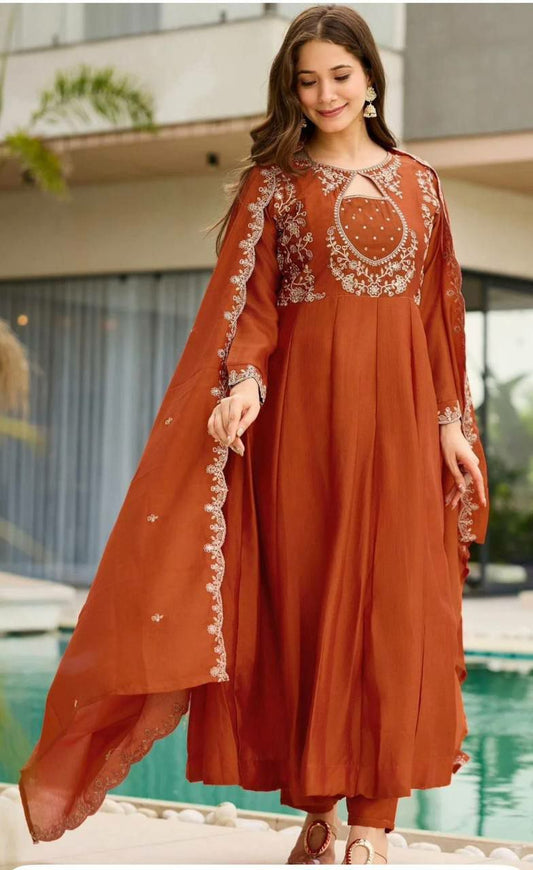 Featuring beautiful Heavy ANARKALI Suit Set which is beautifully decorated with intricate Cording embroidery, self weaving . It is paired with matching pants and cording embroidery cutwork Dupatta.