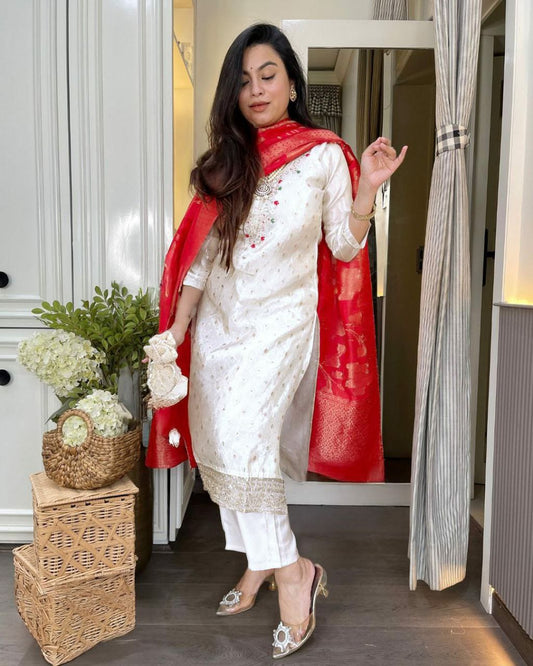 GRACEFUL WHITE KURTI WITH EMBRODARY WORK & RED DUPTTA