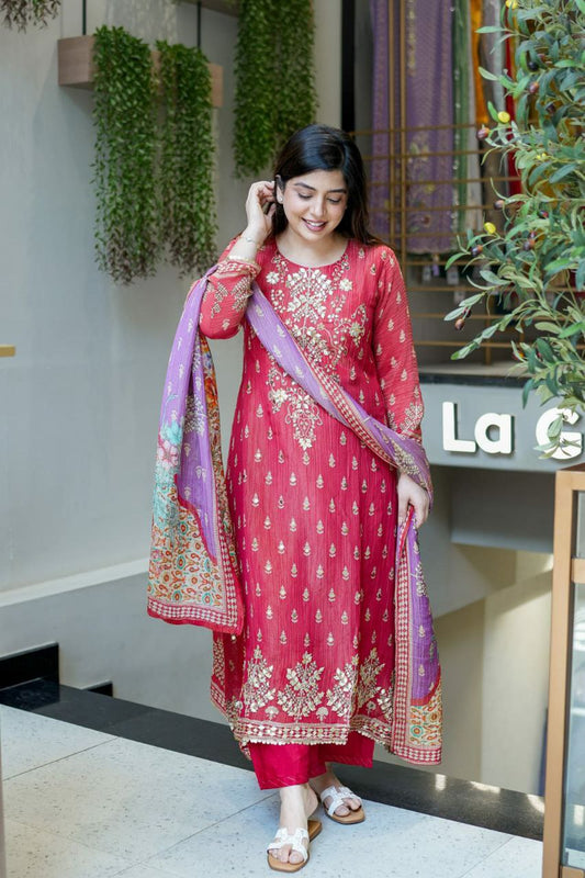 Gorgeous pure hand work and katha embroidery with elegant mirror accent